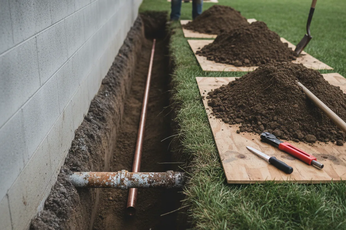 Excavated water line trench during Sewer Line Repair in North Benton